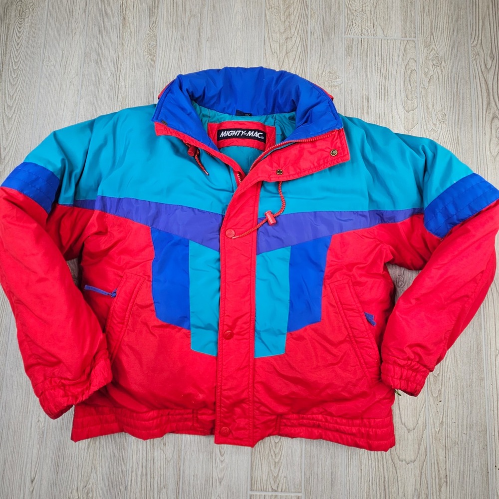 Mighty-Mac‎ Vintage Mens Colorblock Duck Down Puffer Jacket Red Blue Teal Medium
